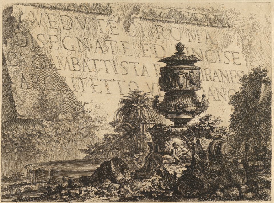 Title-page for the 'Vedute di Roma' comprising a stone in the background inscribed with the title, a classical vase and fragments of columns in the foreground MET DP837544