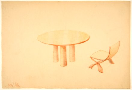 Tavolo e sedin -Perspective of a Circular Table with 3-Pedestal Base and a Side Chair- MET DP812162