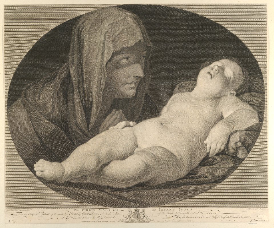 The Virgin in prayer, looking at the sleeping infant Christ, in an oval frame, after Reni MET DP841172