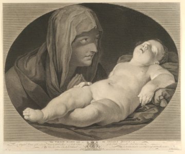 The Virgin in prayer, looking at the sleeping infant Christ, in an oval frame, after Reni MET DP841172