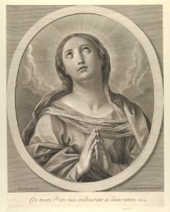 The Virgin in prayer, looking up with clouds behind her, in an oval frame, after Reni MET DP841787