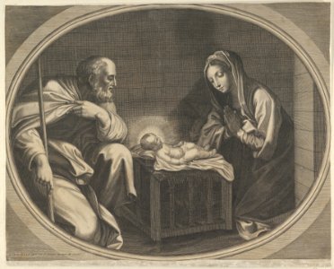 The Virgin kneeling in prayer before the infant Christ who is lying on a wooden box, Saint Joseph at left, a mule at right, in an oval frame, after Reni MET DP841779