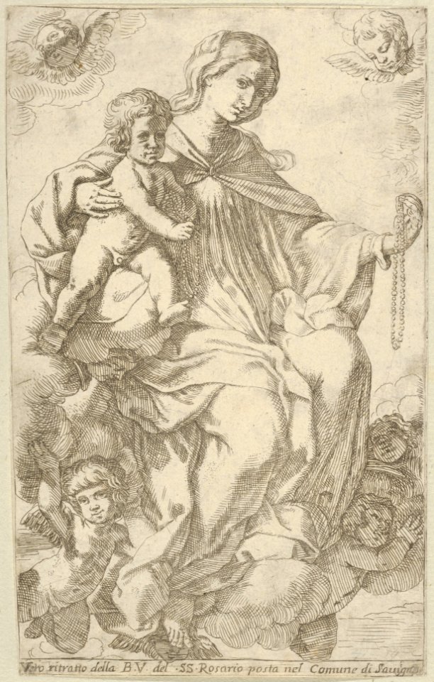 The Virgin in the clouds holding a rosary in her left hand and embracing the infant Christ, who also holds a rosary, angels surrounding them MET DP841755