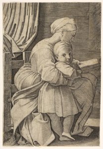 The Virgin in profile facing right reading to the infant Christ MET DP818631