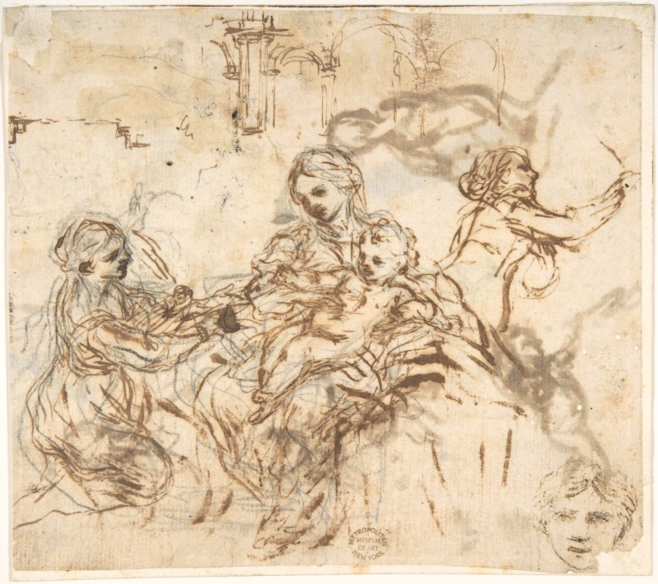 The Virgin and Child with Saint Martina, Another Study of Saint Martina, Studies of a Head, and of an Arcade (recto); Figure Studies (verso) MET DP809205
