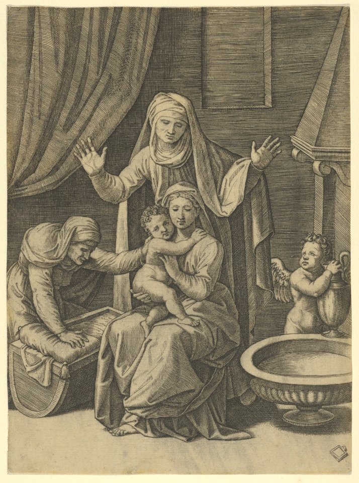 The Virgin holding the Christ Child, St Anne standing above with arms outstretched, St Elizabeth at the left MET DP852713