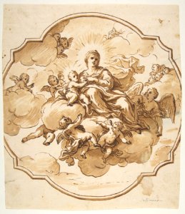 The Virgin Nursing the Christ Child, in a Glory of Angels (recto); Studies for seated figures of Christ and God the Father in red chalk (verso) MET DP811377