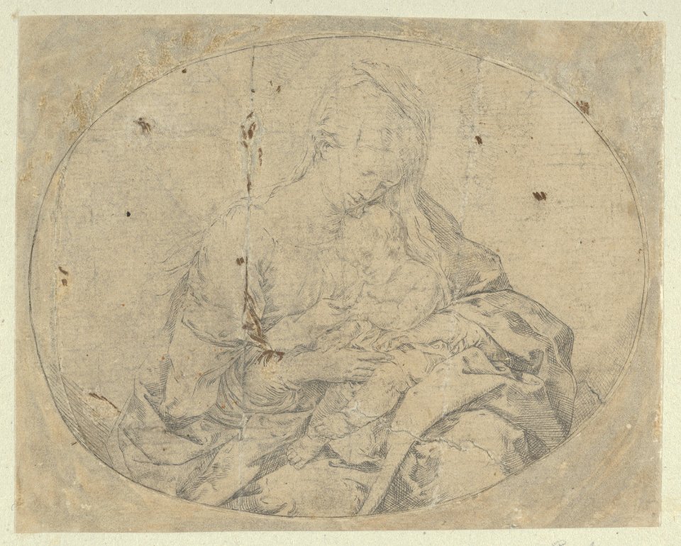 The Virgin holding the infant Christ, an oval composition, counterproof MET DP838584