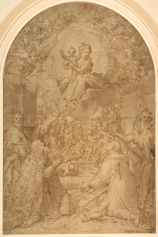 The Virgin and Child Appearing to Saint Peter, Saint Damasus, Saint Lawrence, and Saint Paul; the Martyrdom of Saint Lawrence in the Background MET DP812823