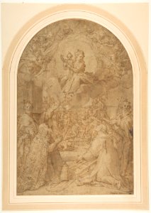 The Virgin and Child Appearing to Saint Peter, Saint Damasus, Saint Lawrence, and Saint Paul; the Martyrdom of Saint Lawrence in the Background MET DP812248