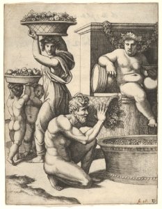 The Vintage; a man pouring grapes from a basket into a vat, above Bacchus sitting, other figures at left MET DP854063