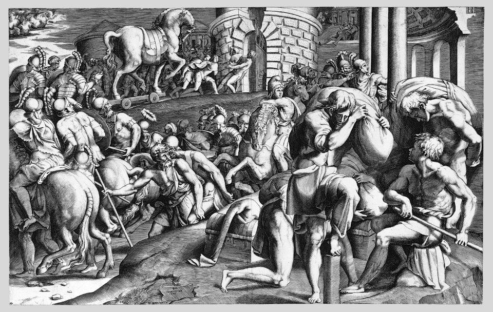 The Trojans pulling the wooden horse into the city MET 53.600.4450