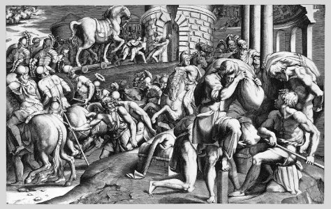The Trojans pulling the wooden horse into the city MET 53.600.4450