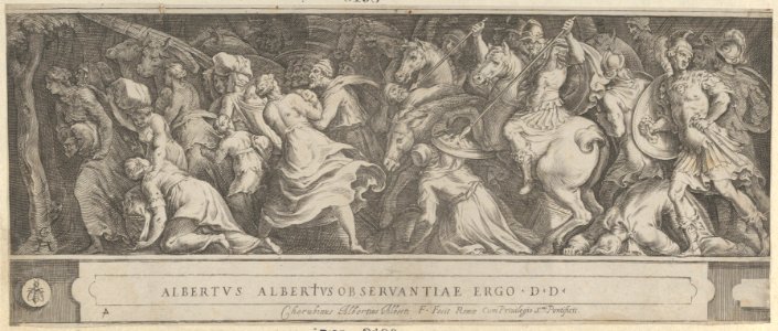 The Triumph of Two Roman Emperors (left-hand side) with soldiers on horseback and men, women, and children fleeing MET DP836948