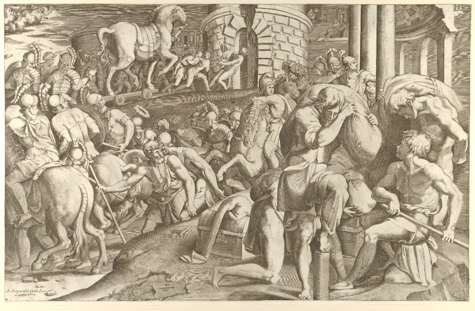 The Trojans hauling the wooden horse into Troy MET DP845311 ff