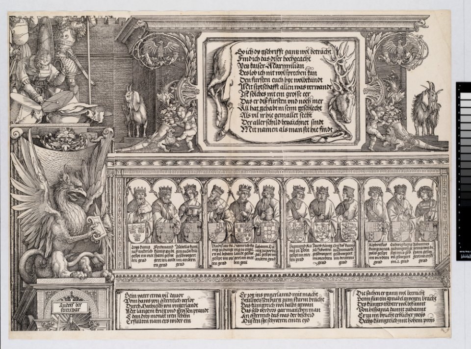 The Upper Section of the Right Portal, with the Inscription on a Stag Skin; a Frieze with Busts of Roman Emperors; and the Entablature of the Columns, from The Triumphal Arch of Maximilian I, 1st edition (1517-18) MET DP-16116-066