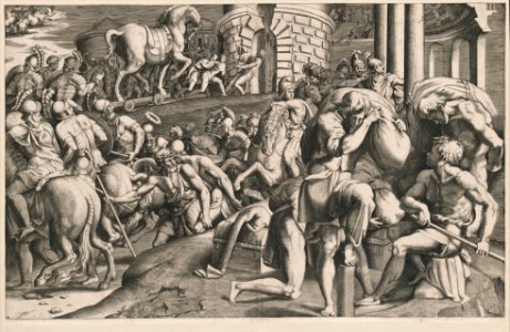 The Trojans pulling the wooden horse into the city MET DP370729