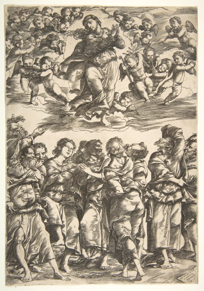 The Virgin at top center in clouds with clasped hands and right foot raised, surrounded by cherubin; below, the twelve apostles stand together gesturing upwards MET DP813982