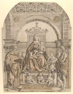 The Virgin and Child enthroned surrounded by saints and angels MET DP835200