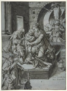 The Virgin and Child with the Infant Baptist, Saint Elizabeth, a Kneeling Prelate, and Three Attendant Angels MET DP811090
