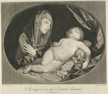 The Virgin with arms crossed over her chest looking at the sleeping infant Christ, in an oval frame, after Reni MET DP841774