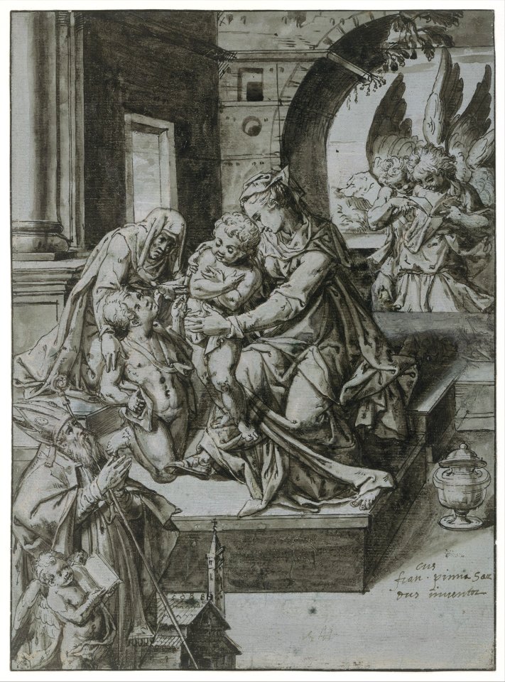The Virgin and Child with the Infant Baptist, Saint Elizabeth, a Kneeling Prelate, and Three Attendant Angels MET DT9981