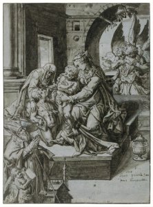 The Virgin and Child with the Infant Baptist, Saint Elizabeth, a Kneeling Prelate, and Three Attendant Angels MET DT9981