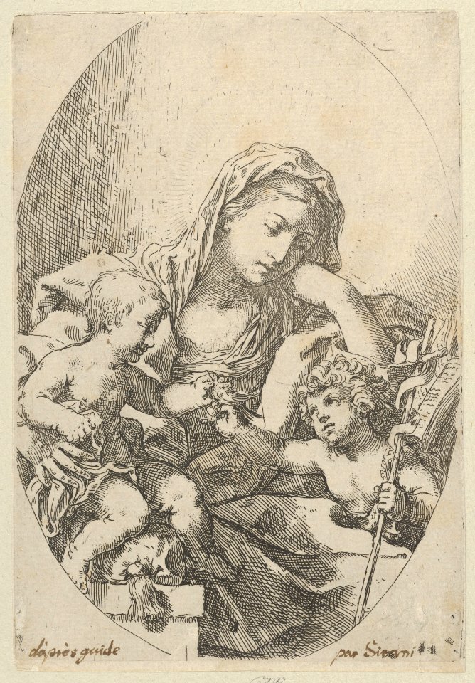 The Virgin with the Christ Child and the young Saint John the Baptist holding a bird at right, an oval composition, after Reni MET DP838593