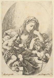 The Virgin with the Christ Child and the young Saint John the Baptist holding a bird at right, an oval composition, after Reni MET DP838593