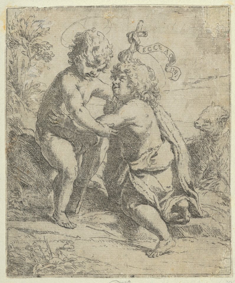 The young Saint John the Baptist kneeling before the young Christ who embraces him, a lamb at right MET DP838587