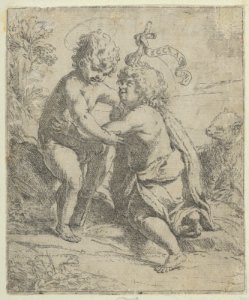 The young Saint John the Baptist kneeling before the young Christ who embraces him, a lamb at right MET DP838587