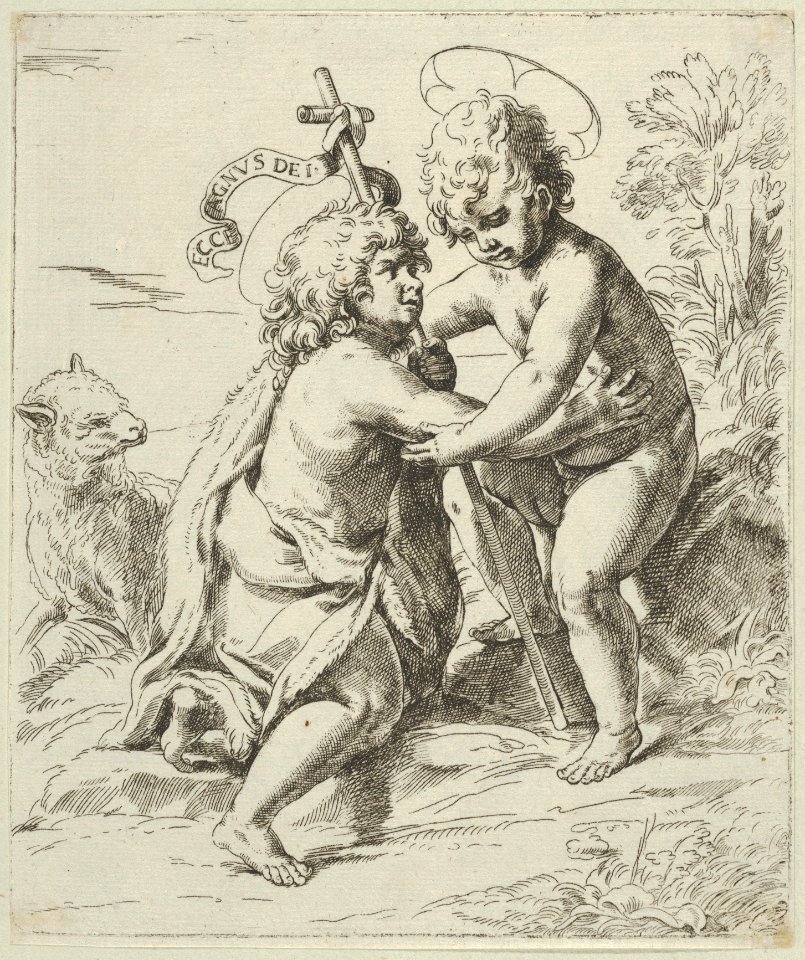 The young Saint John the Baptist kneeling before the young Christ who embraces him, a lamb at left, after Reni MET DP838586