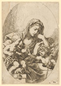 The Virgin with the Christ Child and the young Saint John the Baptist holding a bird at right, an oval composition, after Reni MET DP837915