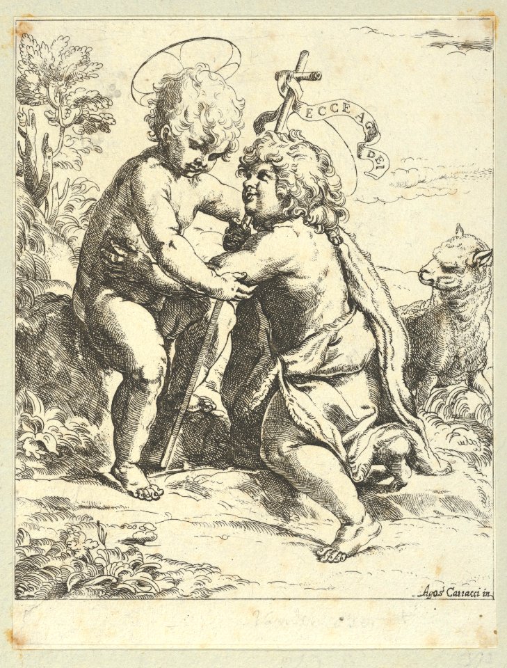 The young Saint John the Baptist kneeling before the young Christ who embraces him, a lamb at right, after Reni MET DP838588