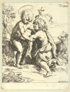 The young Saint John the Baptist kneeling before the young Christ who embraces him, a lamb at right, after Reni MET DP838588