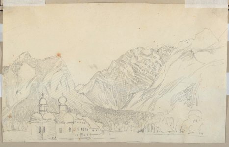 The Watzmann seen from the North-East, and Some Sketches of a Mountain; verso- Sketch of the Church of Sankt Bartholomä at the Königsee at the foot of the Watzmann Seen from the East MET DP208252