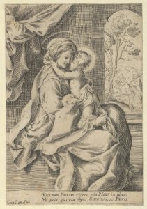 The Virgin seated with the Christ Child on her lap embracing her, St Joseph seen through an archway at right, after Reni MET DP838597