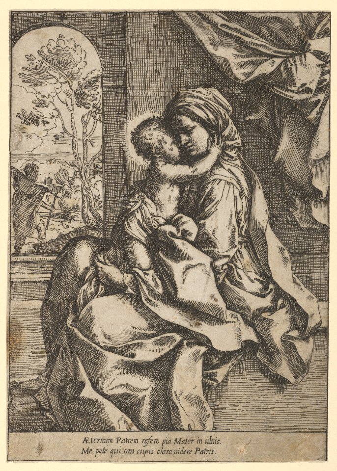 The Virgin seated with the Christ Child on her lap embracing her, Joseph seen through an archway at left MET DP837840