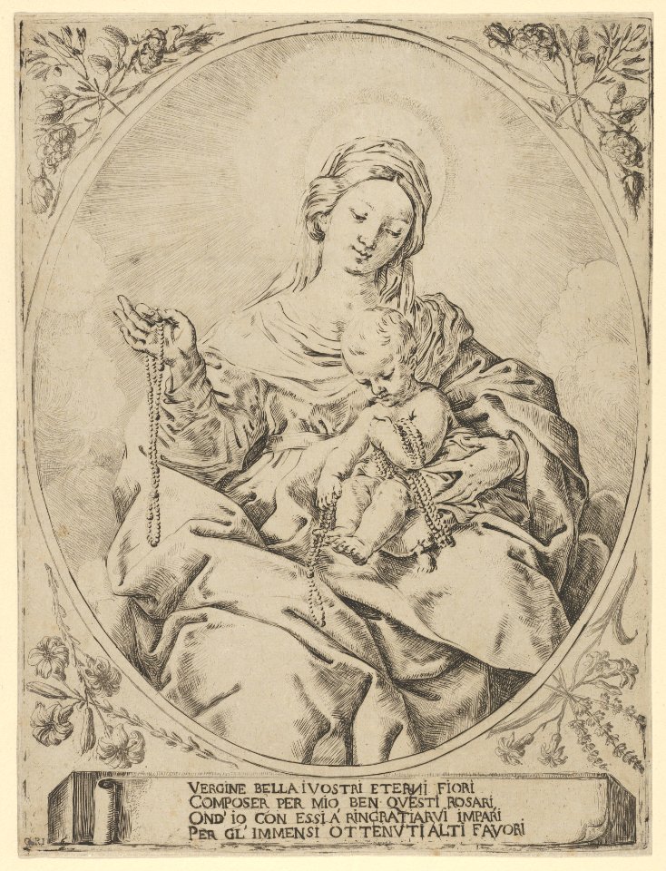 The Virgin seated holding a rosary in her right hand, the infant Christ on her lap holding several rosaries, in an oval frame with flowers surrounding it and a tablet with inscription at the base MET DP837926