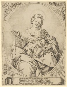 The Virgin seated holding a rosary in her right hand, the infant Christ on her lap holding several rosaries, in an oval frame with flowers surrounding it and a tablet with inscription at the base MET DP837926