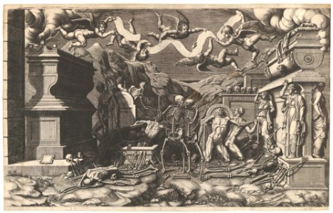 The Vision of Ezekiel; a group of corpses and skeletons emerging out of tombs, above them five winged putti holding a banderole MET DP837798
