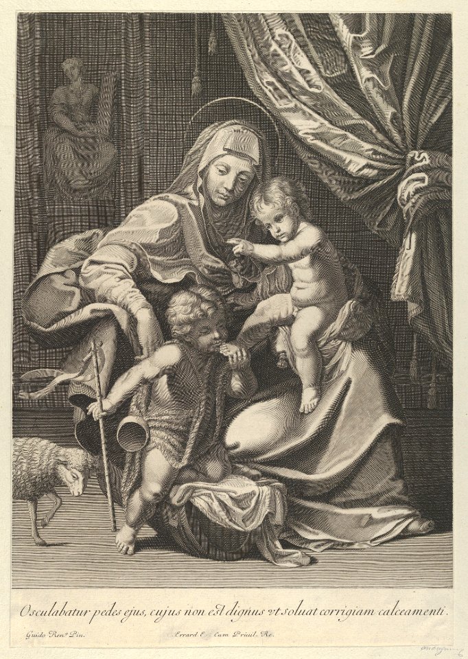 The Virgin seated with the infant Christ on her lap, the young Saint John the Baptist kneeling on Christ's cradle and kissing his foot, a lamb at left, after Reni MET DP841780