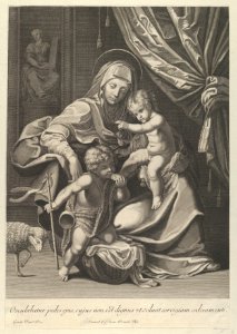 The Virgin seated with the infant Christ on her lap, the young Saint John the Baptist kneeling on Christ's cradle and kissing his foot, a lamb at left, after Reni MET DP841780
