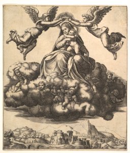 The Virgin seated on clouds being crowned by angels MET DP824415