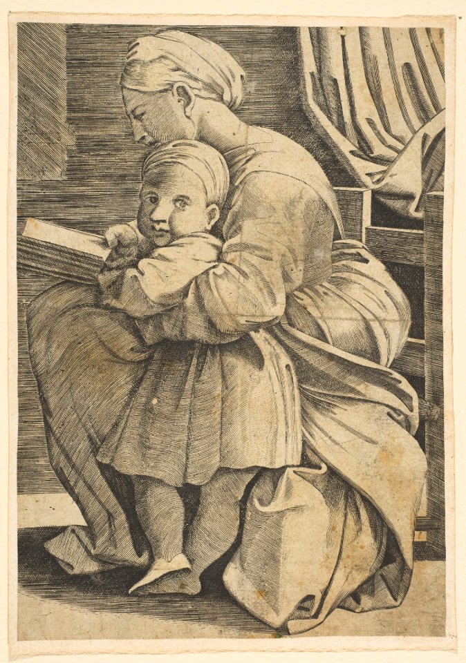 The Virgin reading with the infant Christ; woman seated in profile facing left and reading with an arm around a child who looks out toward the viewer MET DP818628