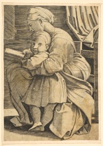 The Virgin reading with the infant Christ; woman seated in profile facing left and reading with an arm around a child who looks out toward the viewer MET DP818628