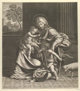 The Virgin seated with the infant Christ on her lap, the young Saint John the Baptist kneeling on Christ's cradle and caressing his foot, a lamb at right, after Reni MET DP841786