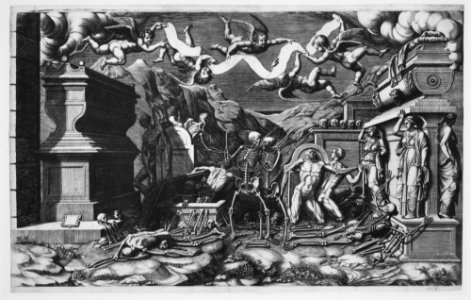 The Vision of Ezekiel; a group of corpses and skeletons emerging out of tombs, above them five winged putti holding a banderole MET MM85281