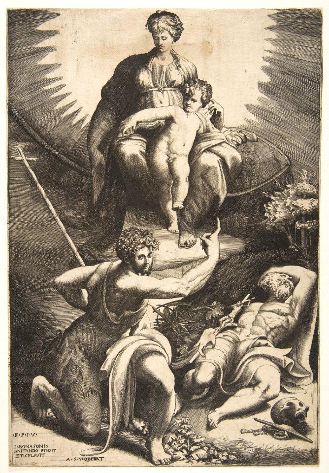The vision of Saint Jerome who is asleep in the bottom right, the Virgin and Child appear above being pointed to by Saint John the Baptist MET DP812441