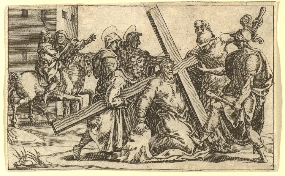 The Virgin of Sorrows- Christ Bearing the Cross; one of nine surrounding compartments from the Virgin of Sorrows, now separated MET DP821365